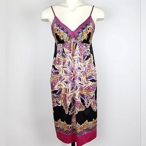 Dressbarn Vintage Paisley Floral Black Magenta Sleeveless Satin Dress Size  10